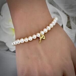 Vtg 14K Yellow Gold Cultured Pearl Bracelet Italy Key Heart Charm 6mm Pearls 7"